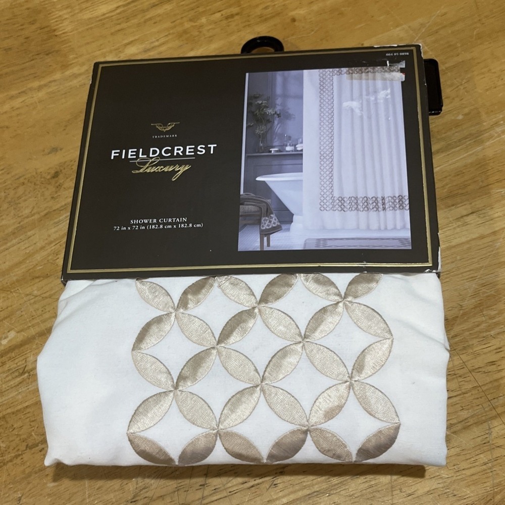 New Fieldcrest Fabric Shower Curtain Metallic Gold Geometric‎ Border Star Cotton